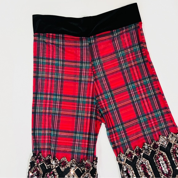 Disco Lemonade X Lux Muse Red Plaid & Sequin Mix Media Bell Bottom Flare Pants - Picture 3 of 15